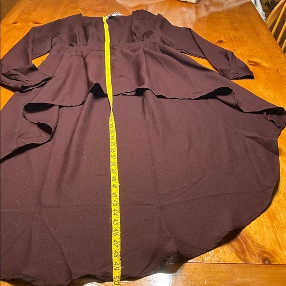 New York & Company Coffee Brown Long Sleeve Midi Chiffon Hi-Low Hem Dress - Picture 5 of 10